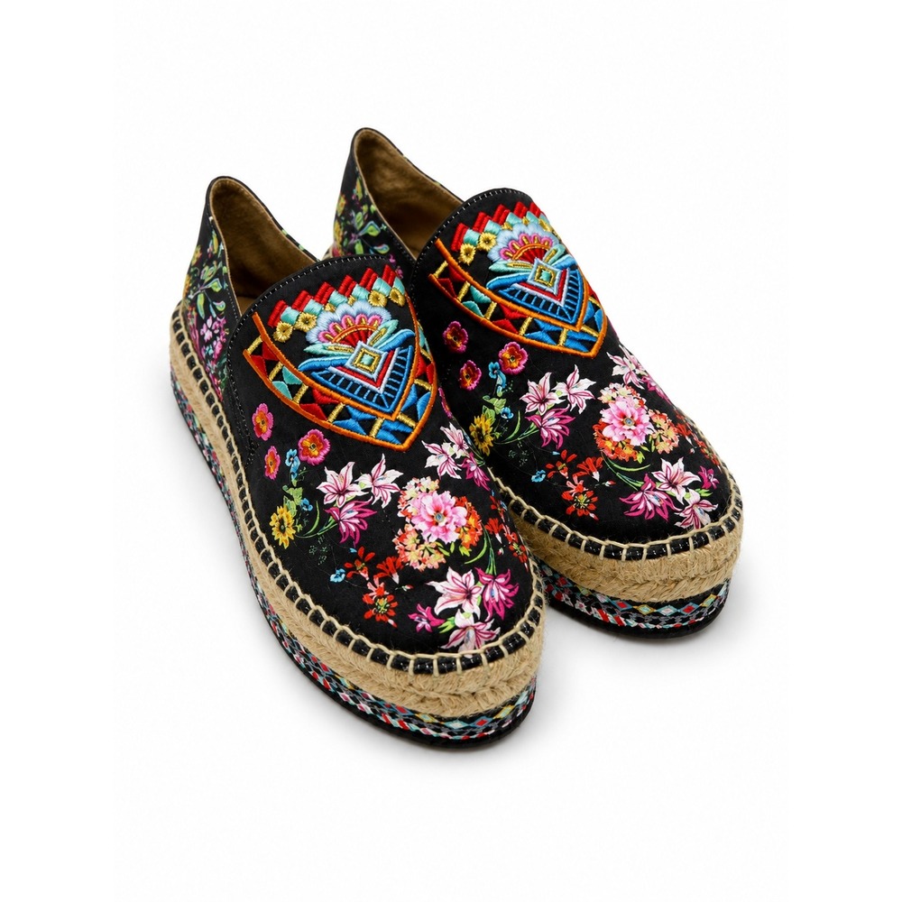 Johnny Was Black Leopard Floral Embroidered Platform Espadrille Shoes Size 9.5